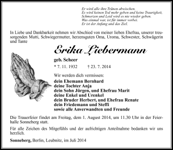 Traueranzeige von Erika Liebermann von Südthüringer Presse