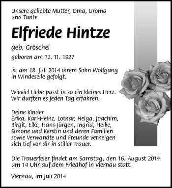 Traueranzeige von Elfriede Hintze von Südthüringer Presse