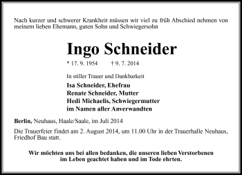Traueranzeige von Ingo Schneider von Südthüringer Presse