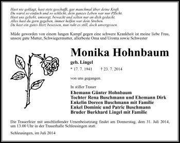 Traueranzeige von Monika Hohnbaum von Südthüringer Presse
