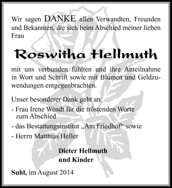 Traueranzeige von Roswitha Hellmuth von Südthüringer Presse