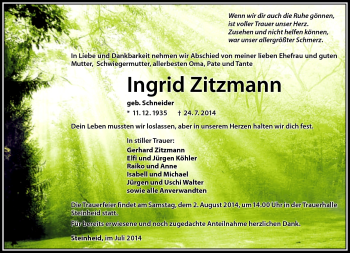 Traueranzeige von Ingrid Zitzmann von Südthüringer Presse
