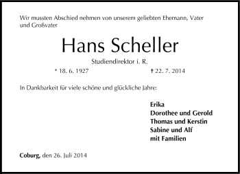 Traueranzeige von Hans Scheller von Neue Presse Coburg