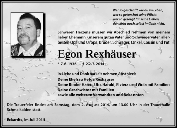 Traueranzeige von Egon Rexhäuser von Südthüringer Presse