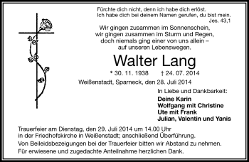 Traueranzeige von Walter Lang von Frankenpost
