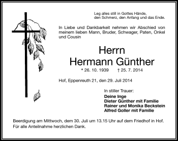 Traueranzeige von Hermann Günther von Frankenpost