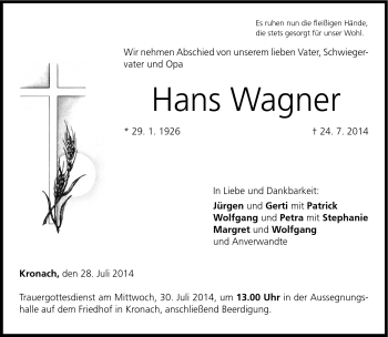 Traueranzeige von Hans Wagner von Neue Presse Coburg