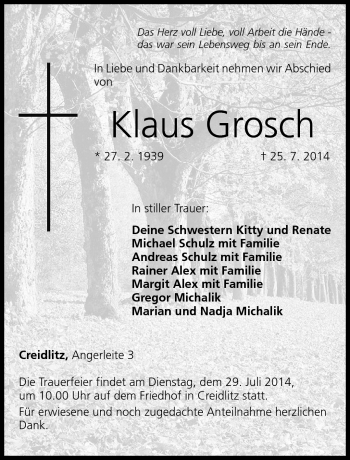 Traueranzeige von Klaus Grosch von Neue Presse Coburg