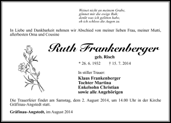 Traueranzeige von Ruth Frankenberger von Südthüringer Presse