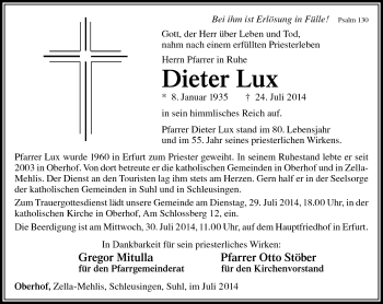 Traueranzeige von Dieter Lux von Südthüringer Presse