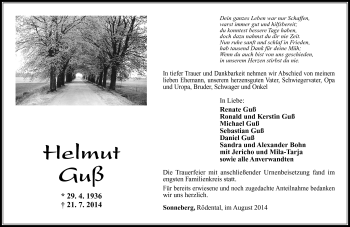 Traueranzeige von Helmut Guß von Südthüringer Presse