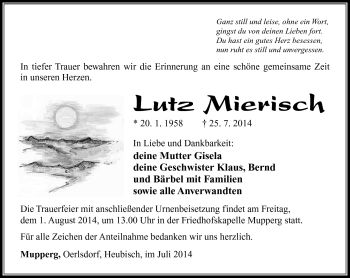 Traueranzeige von Lutz Mierisch von Südthüringer Presse