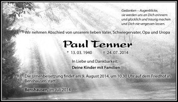 Traueranzeige von Paul Tenner von Südthüringer Presse