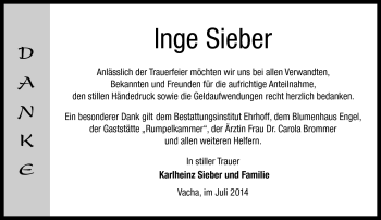 Traueranzeige von Inge Sieber von Südthüringer Presse