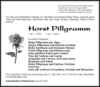 Traueranzeige von Horst Pillgramm von Südthüringer Presse
