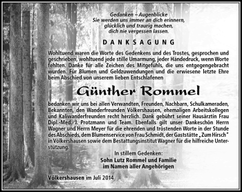 Traueranzeige von Günther Rommel von Südthüringer Presse