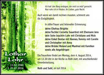 Traueranzeige von Lothar Lohr von Südthüringer Presse