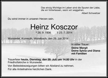 Traueranzeige von Heinz Kosczor von Frankenpost