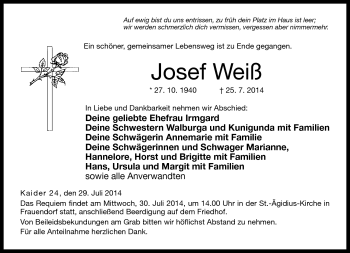 Traueranzeige von Josef Weiß von Neue Presse Coburg