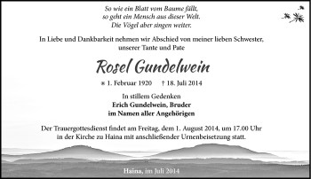 Traueranzeige von Rosel Gundelwein von Südthüringer Presse