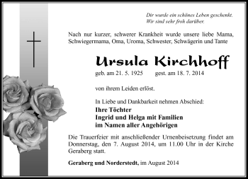 Traueranzeige von Ursula Kirchhoff von Südthüringer Presse