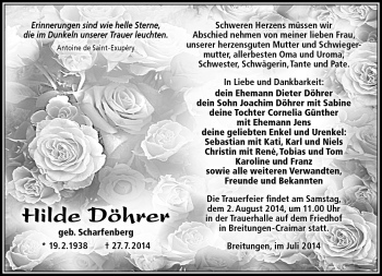 Traueranzeige von Hilde Döhrer von Südthüringer Presse