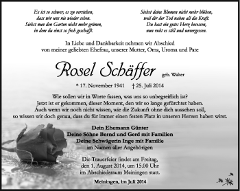 Traueranzeige von Rosel Schäffer von Südthüringer Presse