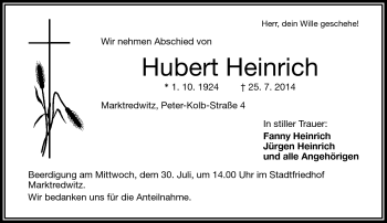 Traueranzeige von Hubert Heinrich von Frankenpost