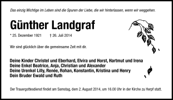 Traueranzeige von Günther Landgraf von Südthüringer Presse