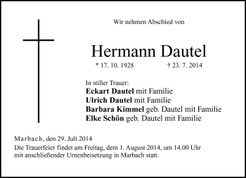Traueranzeige von Hermann Dautel von Neue Presse Coburg