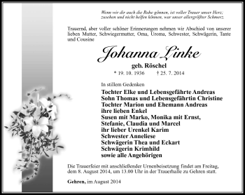 Traueranzeige von Johanna Linke von Südthüringer Presse