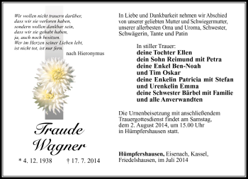 Traueranzeige von Traude Werner von Südthüringer Presse