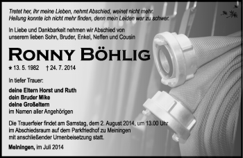 Traueranzeige von Ronny Böhlig von Südthüringer Presse