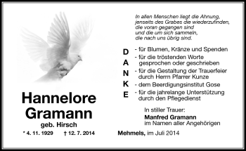 Traueranzeige von Hannelore Gramann von Südthüringer Presse
