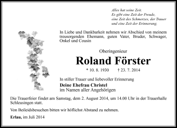 Traueranzeige von Roland Förster von Südthüringer Presse