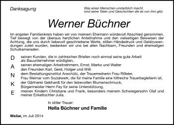 Traueranzeige von Werner Büchner von Südthüringer Presse