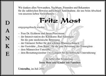Traueranzeige von Fritz Most von Südthüringer Presse