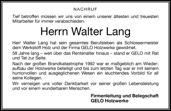 Traueranzeige von Walter Lang von Frankenpost