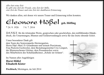 Traueranzeige von Eleonore Hößel von Südthüringer Presse