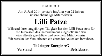 Traueranzeige von Lilli Patze von Südthüringer Presse