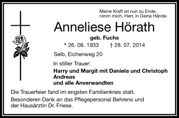 Traueranzeige von Anneliese Hörath von Frankenpost