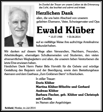 Traueranzeige von Ewald Klüber von Südthüringer Presse