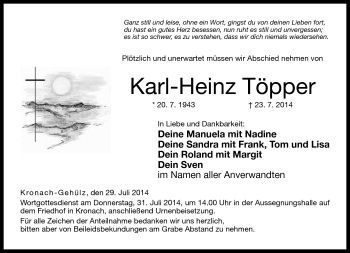 Traueranzeige von Karl-Heinz Töpper von Neue Presse Coburg