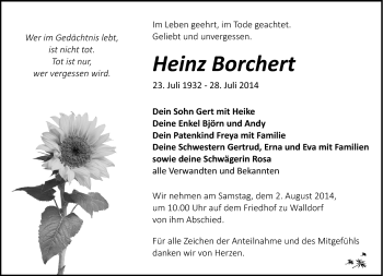 Traueranzeige von Heinz Borchert von Südthüringer Presse