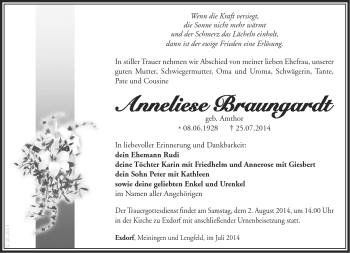 Traueranzeige von Anneliese Braungardt von Südthüringer Presse