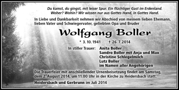 Traueranzeige von Wolfgang Boller von Südthüringer Presse