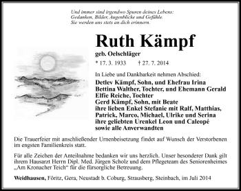 Traueranzeige von Ruth Kämpf von Südthüringer Presse