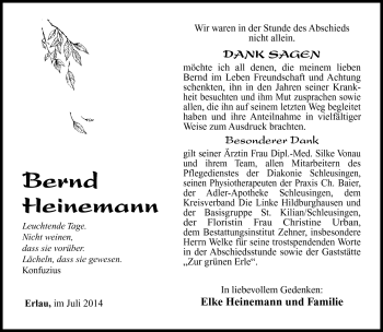 Traueranzeige von Bernd Heinemann von Südthüringer Presse