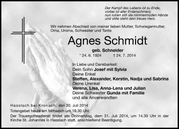 Traueranzeige von Agnes Schmidt von Neue Presse Coburg
