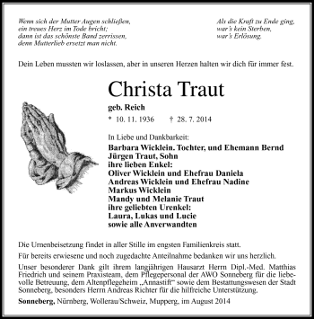 Traueranzeige von Christa Traut von Südthüringer Presse